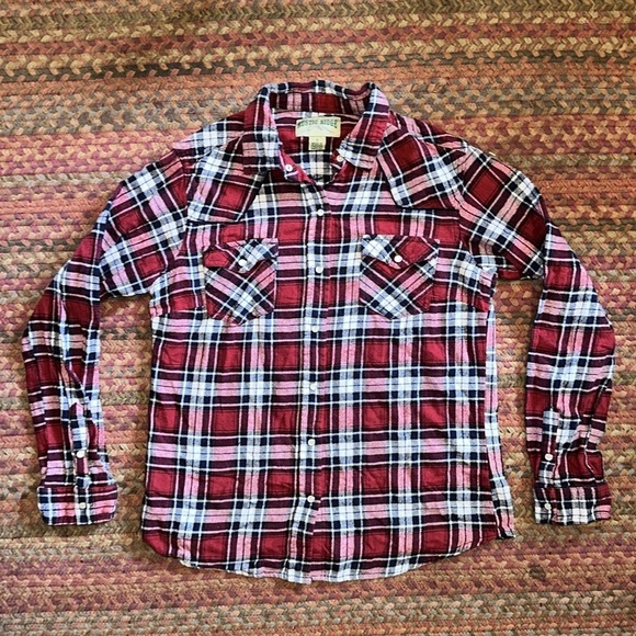 RED RUSTIC RIDGE OUTDOOR PLAID FLANNEL PEARL SNAP LONG SLEEVE - Picture 1 of 4